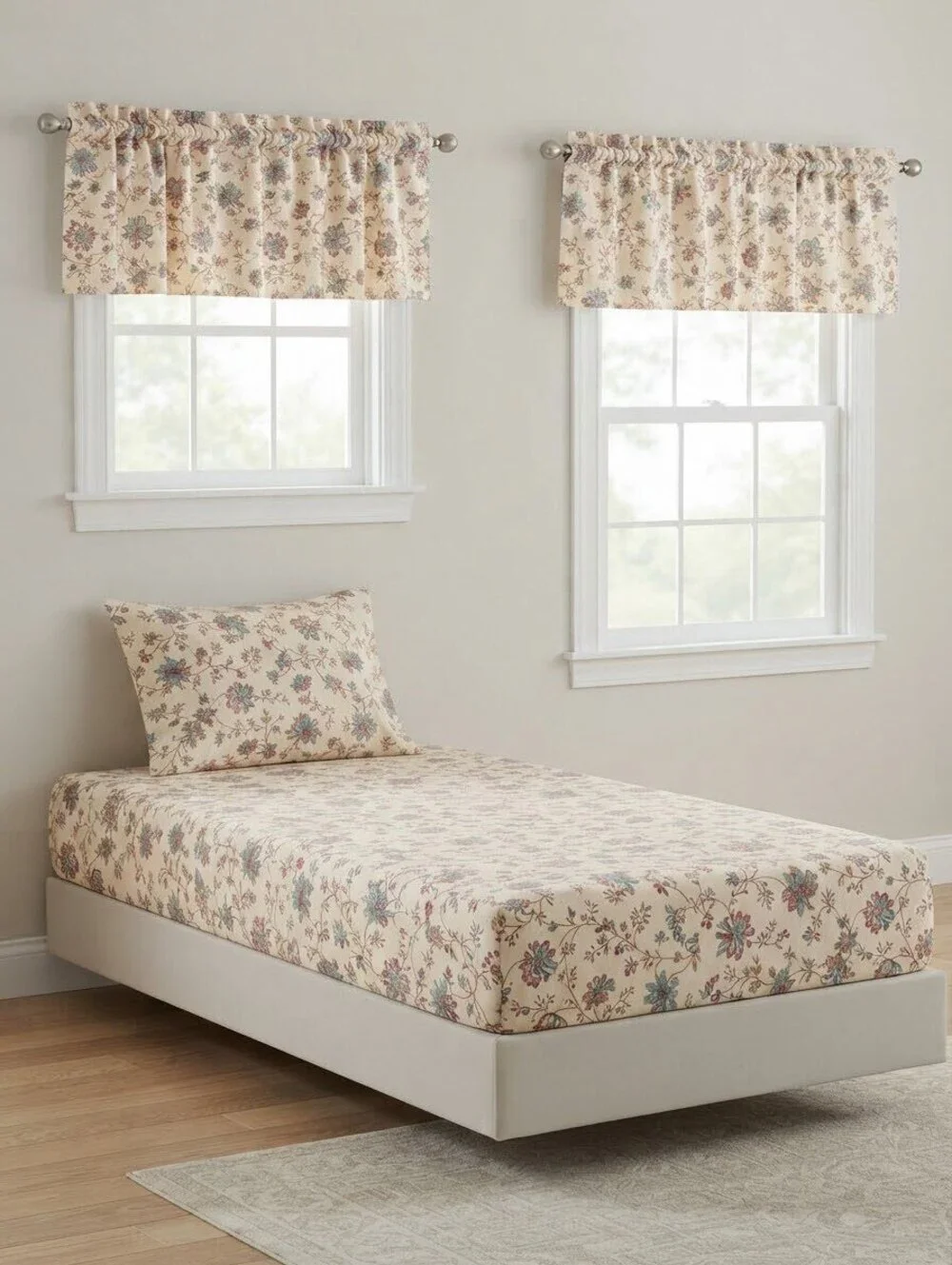 Vintage Floral Cotton Fitted Sheet ONLY, 1 pillowcase 2 valances - Twin